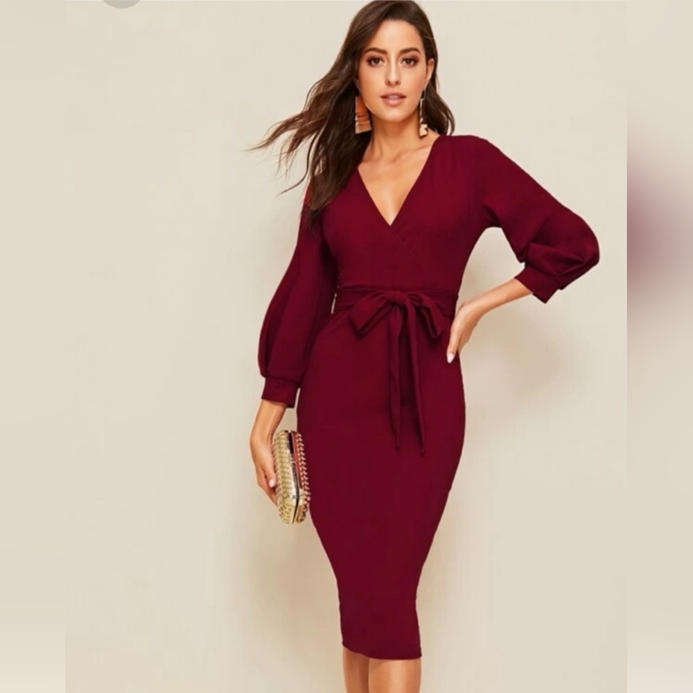 Dark Red Long Sleeve Belted Midi Dress Size S